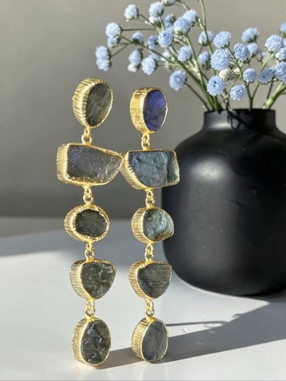 22k Gold Plated Fabulous Genuine Raw Labradorite Stone Crystal Dangle Earrings